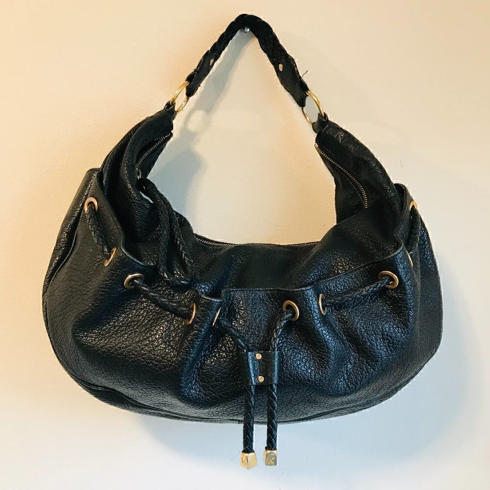 Michael Kors Black Pebbled Leather Braided Drawstring Hobo Shoulder Bag